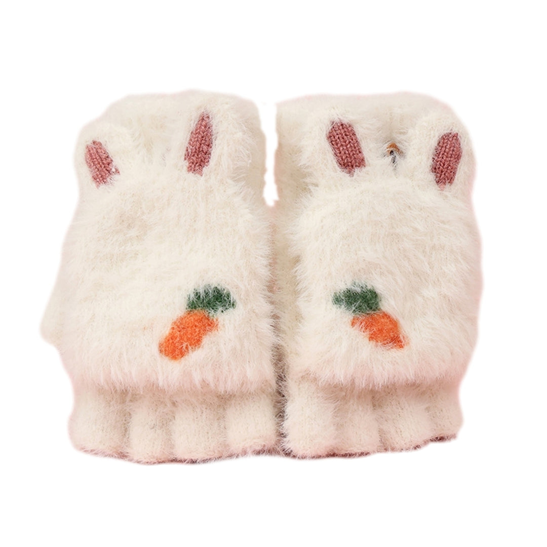 1 Pair Children Students Winter Writing Gloves Cozy Faux Mink Hair Half Finger Cover Cartoon Rabbit Shape Knitted Warm Image 4