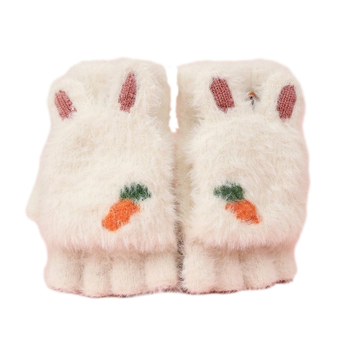 1 Pair Children Students Winter Writing Gloves Cozy Faux Mink Hair Half Finger Cover Cartoon Rabbit Shape Knitted Warm Image 1