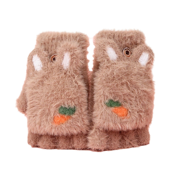 1 Pair Children Students Winter Writing Gloves Cozy Faux Mink Hair Half Finger Cover Cartoon Rabbit Shape Knitted Warm Image 6