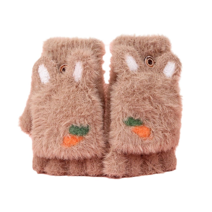 1 Pair Children Students Winter Writing Gloves Cozy Faux Mink Hair Half Finger Cover Cartoon Rabbit Shape Knitted Warm Image 1