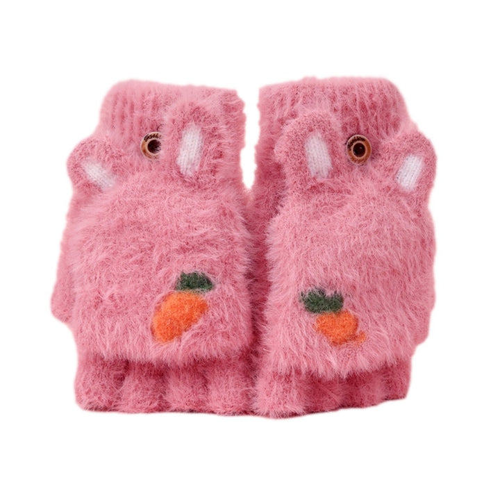 1 Pair Children Students Winter Writing Gloves Cozy Faux Mink Hair Half Finger Cover Cartoon Rabbit Shape Knitted Warm Image 1