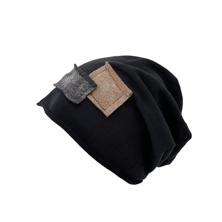 Men Fall Winter Hat Knitted Color Matching Patch Decor High Elastic Dome Anti-slip Regular Fit Soft Image 2