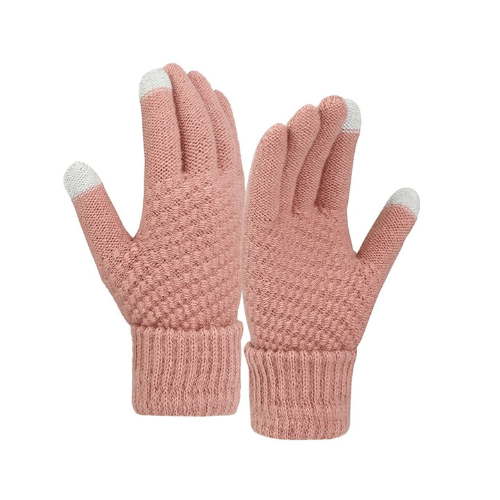 1 Pair Women Winter Gloves Thick Touch Screen Windproof Plush Knitted Color Matching Elastic Warm Image 1