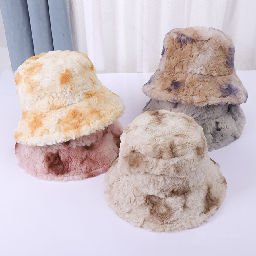 Women Fall Winter Fisherman Hat Flat Top Wide Brim Thick Soft Plush Tie-dye Color Matching Sunshade Image 1