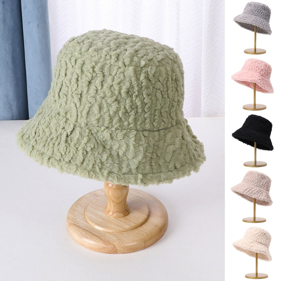 Women Fall Winter Fisherman Hat Flat Top Wide Brim Thick Soft Plush Solid Color Sunshade Windproof Image 1