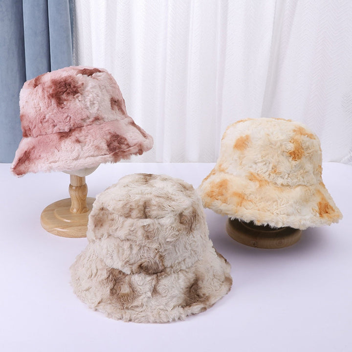 Women Fall Winter Fisherman Hat Flat Top Wide Brim Thick Soft Plush Tie-dye Color Matching Sunshade Image 7