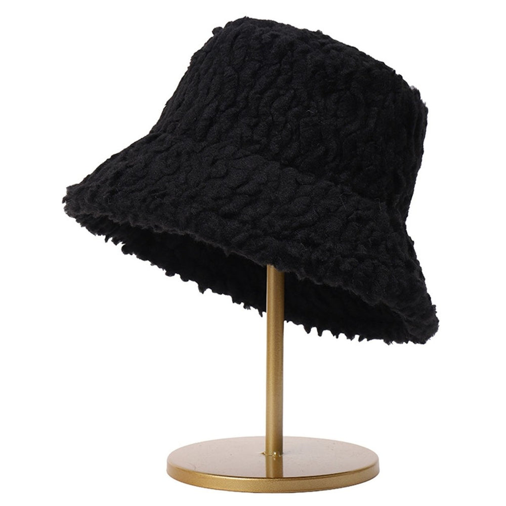 Women Fall Winter Fisherman Hat Flat Top Wide Brim Thick Soft Plush Solid Color Sunshade Windproof Image 2