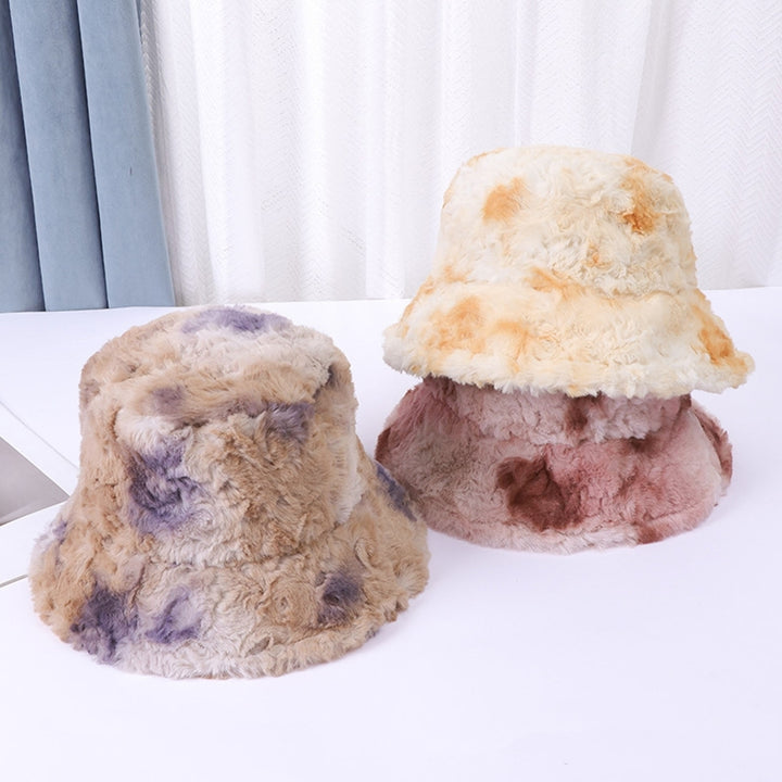 Women Fall Winter Fisherman Hat Flat Top Wide Brim Thick Soft Plush Tie-dye Color Matching Sunshade Image 12