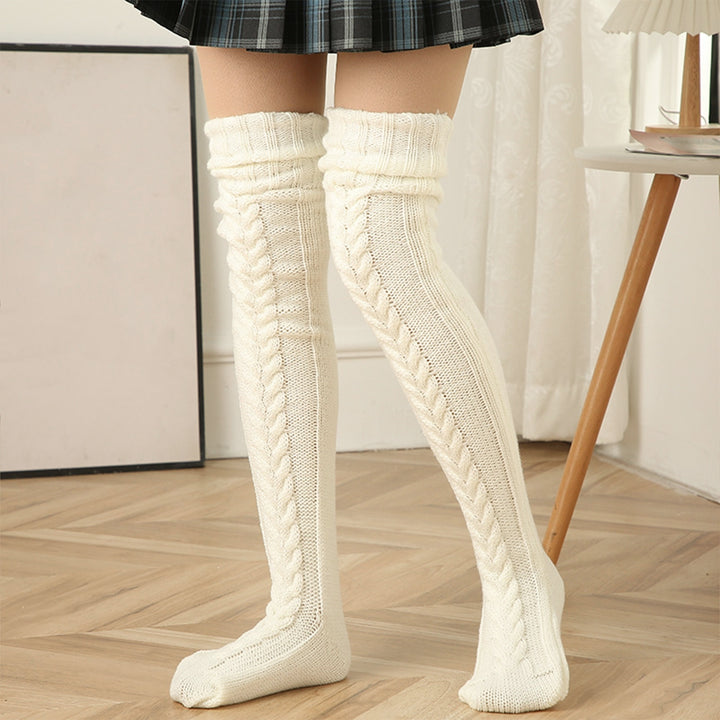 1 Pair Women Winter Stockings Thickened Knitted High Elasticity Anti-slip Over Knee Length Twist Warm Soft Skirt Boots Image 8
