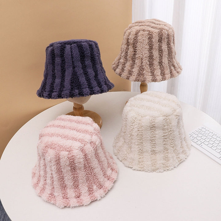 Women Winter Bucket Hat Striped Color Matching Deep Sunshade Thick Plush Warm Windproof Anti-slip Image 1