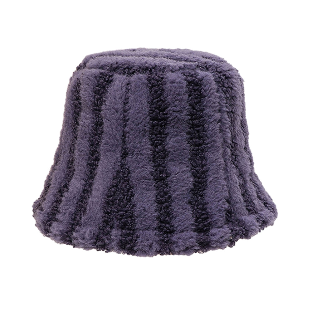 Women Winter Bucket Hat Striped Color Matching Deep Sunshade Thick Plush Warm Windproof Anti-slip Image 2