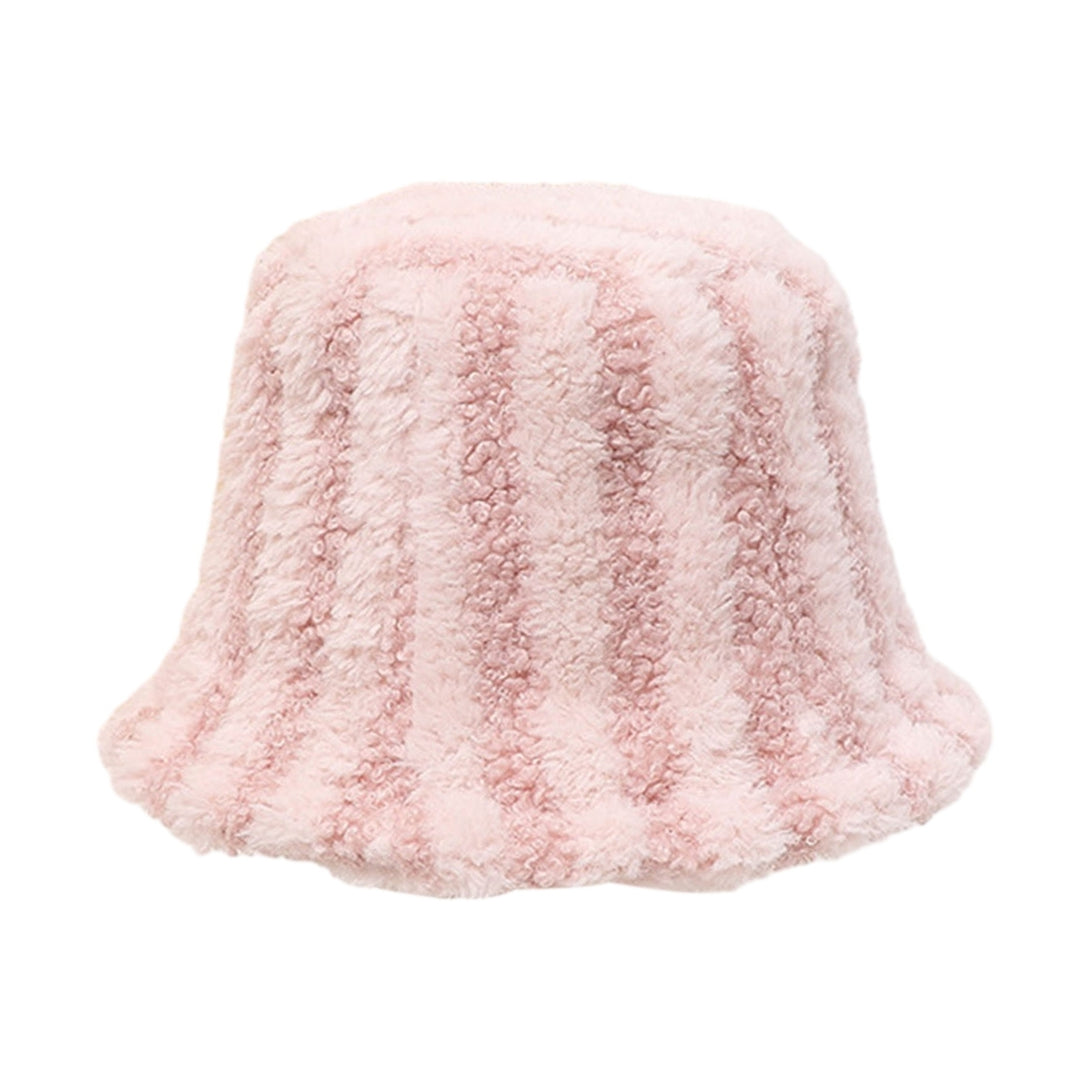 Women Winter Bucket Hat Striped Color Matching Deep Sunshade Thick Plush Warm Windproof Anti-slip Image 3