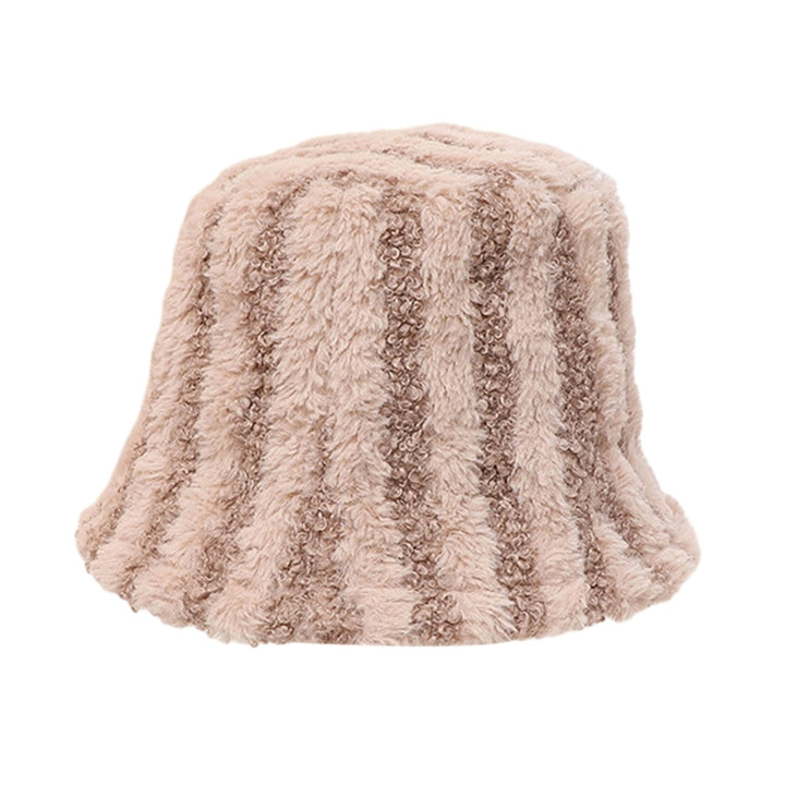 Women Winter Bucket Hat Striped Color Matching Deep Sunshade Thick Plush Warm Windproof Anti-slip Image 4