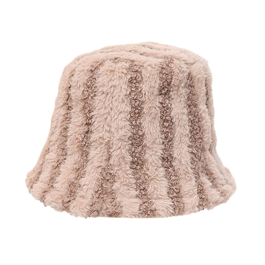 Women Winter Bucket Hat Striped Color Matching Deep Sunshade Thick Plush Warm Windproof Anti-slip Image 1