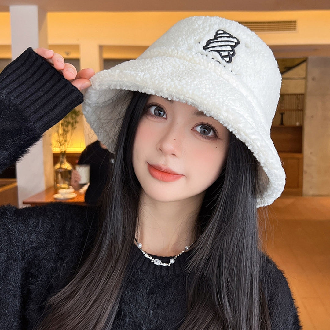 Women Winter Fisherman Hat Thick Plush Cartoon Bear Embroidery Flat Top Windproof Warm Soft Anti-slip Lady Bucket Cap Image 7