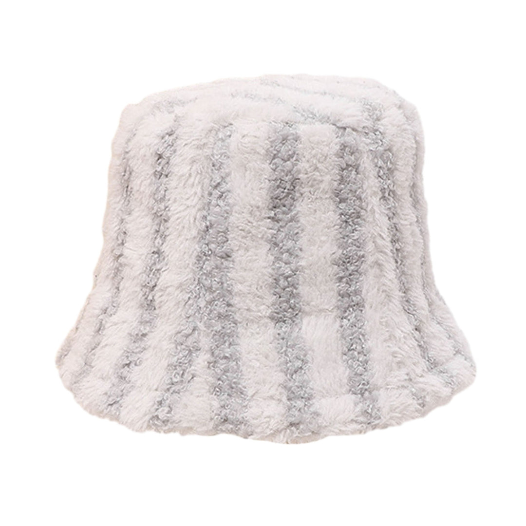 Women Winter Bucket Hat Striped Color Matching Deep Sunshade Thick Plush Warm Windproof Anti-slip Image 6