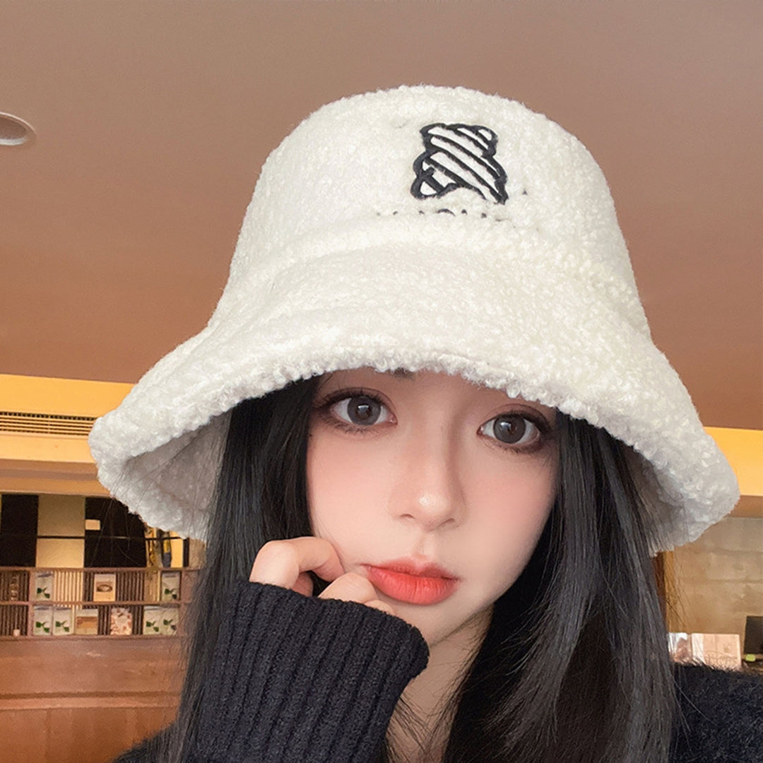 Women Winter Fisherman Hat Thick Plush Cartoon Bear Embroidery Flat Top Windproof Warm Soft Anti-slip Lady Bucket Cap Image 8