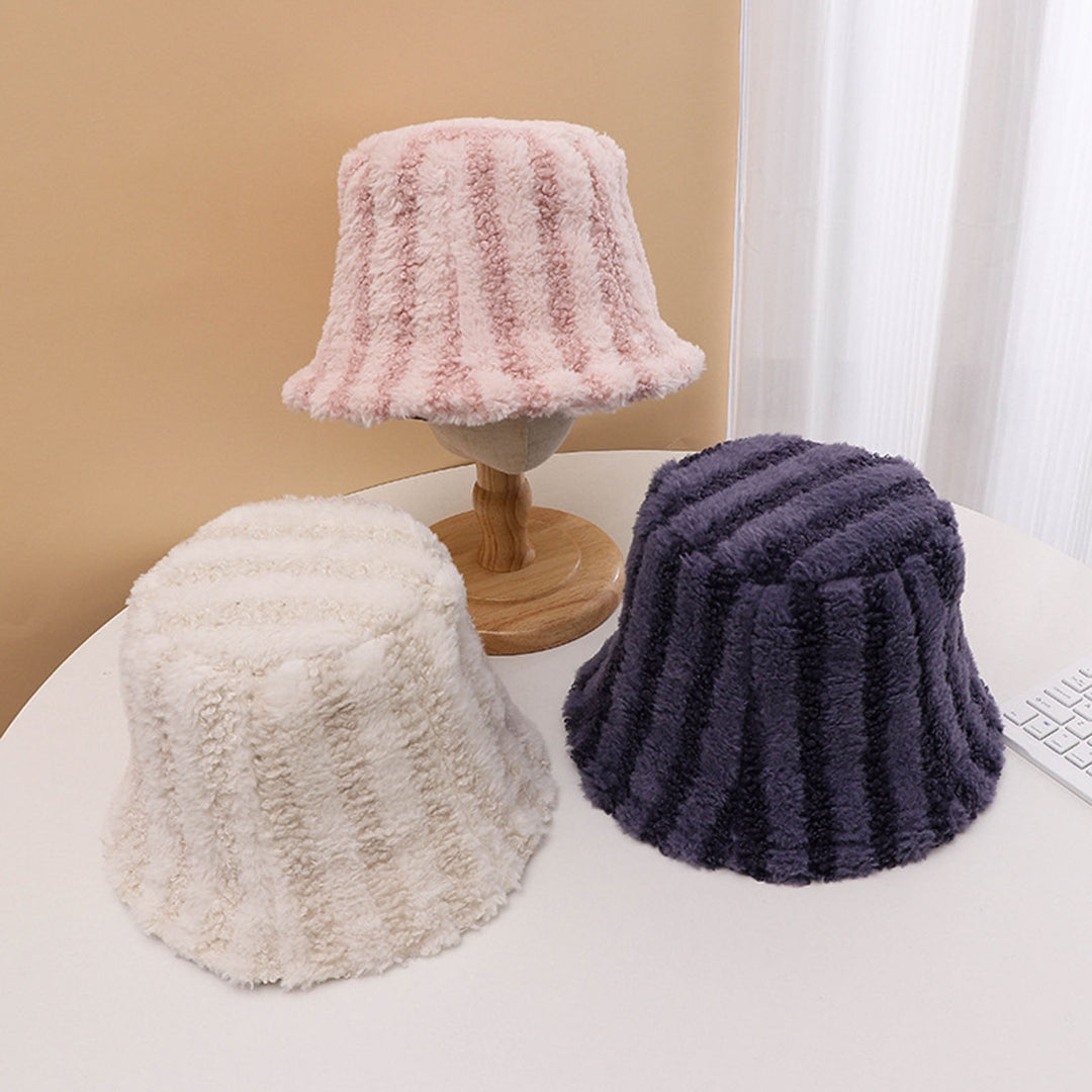 Women Winter Bucket Hat Striped Color Matching Deep Sunshade Thick Plush Warm Windproof Anti-slip Image 7