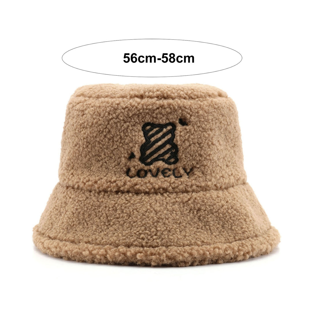 Women Winter Fisherman Hat Thick Plush Cartoon Bear Embroidery Flat Top Windproof Warm Soft Anti-slip Lady Bucket Cap Image 9