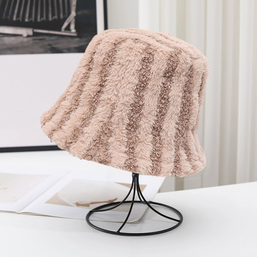 Women Winter Bucket Hat Striped Color Matching Deep Sunshade Thick Plush Warm Windproof Anti-slip Image 8