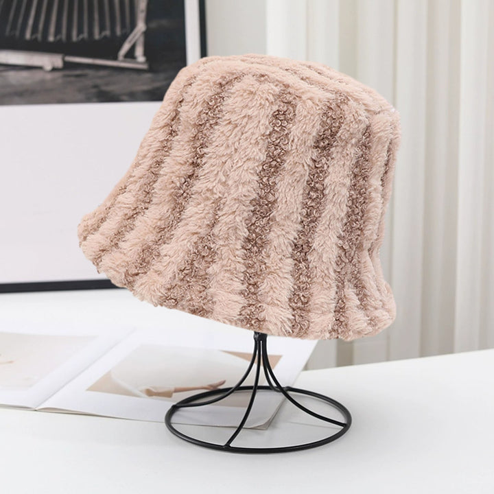 Women Winter Bucket Hat Striped Color Matching Deep Sunshade Thick Plush Warm Windproof Anti-slip Image 8