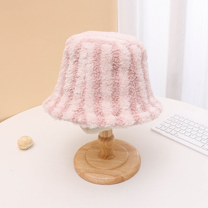 Women Winter Bucket Hat Striped Color Matching Deep Sunshade Thick Plush Warm Windproof Anti-slip Image 11