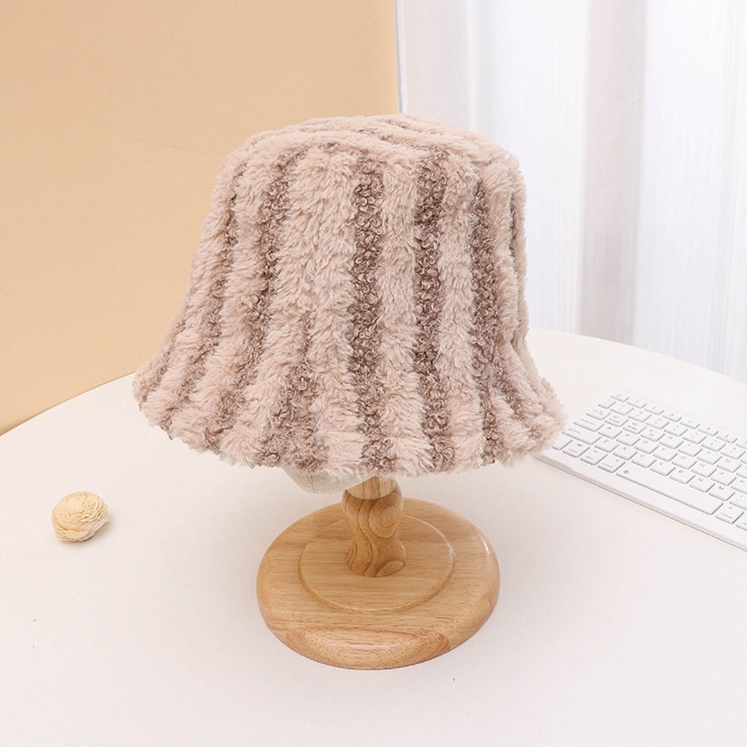 Women Winter Bucket Hat Striped Color Matching Deep Sunshade Thick Plush Warm Windproof Anti-slip Image 12