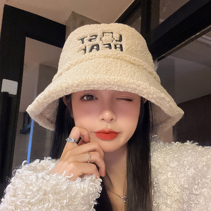 Girls Cute Autumn Winter Embroidery Letter Print Bucket Hat Imitation Lambswool Fisherman Hat Flat Top Warm Thick Basin Image 7