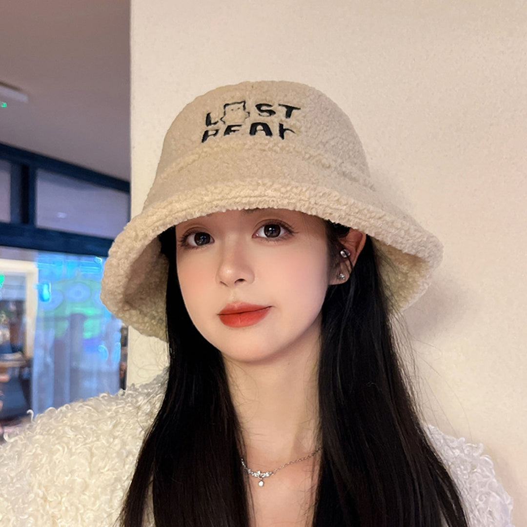 Girls Cute Autumn Winter Embroidery Letter Print Bucket Hat Imitation Lambswool Fisherman Hat Flat Top Warm Thick Basin Image 8