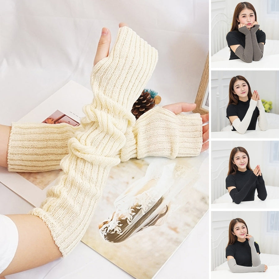 1 Pair Women Winter Gloves Knitted Over Elbow Length High Elasticity Solid Color Anti-slip Half Finger  Arm Wraps Arm Image 1
