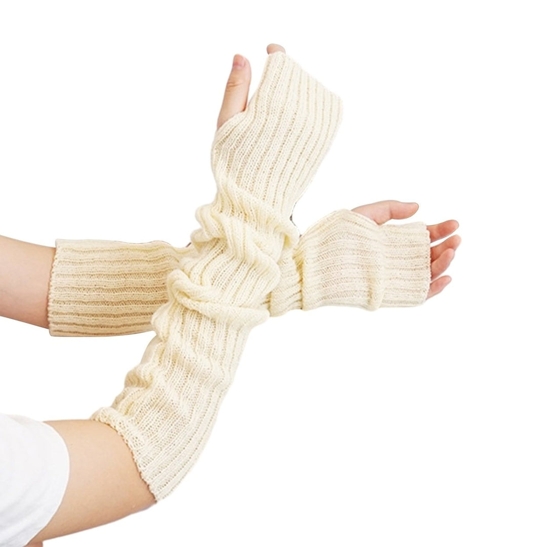 1 Pair Women Winter Gloves Knitted Over Elbow Length High Elasticity Solid Color Anti-slip Half Finger Arm Wraps Arm Image 1