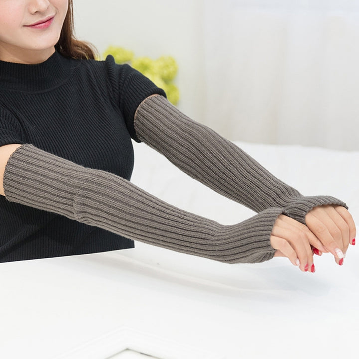 1 Pair Women Winter Gloves Knitted Over Elbow Length High Elasticity Solid Color Anti-slip Half Finger  Arm Wraps Arm Image 12