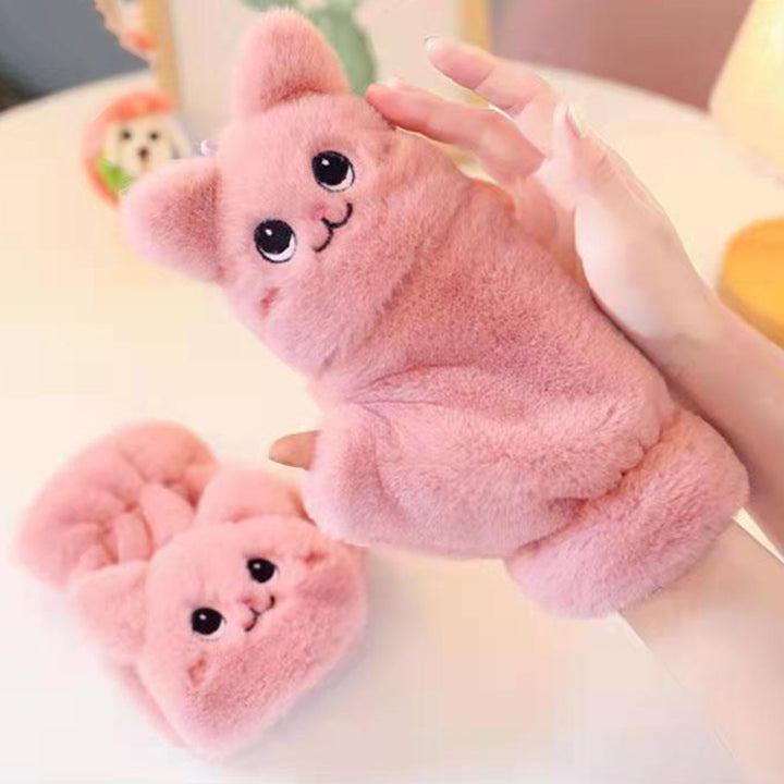 Women Winter Mittens Cartoon Animal Thick Plush Half Fingers Windproof Cold Resistant Anti-slip Cozy Finger-flip Outdoor Image 7