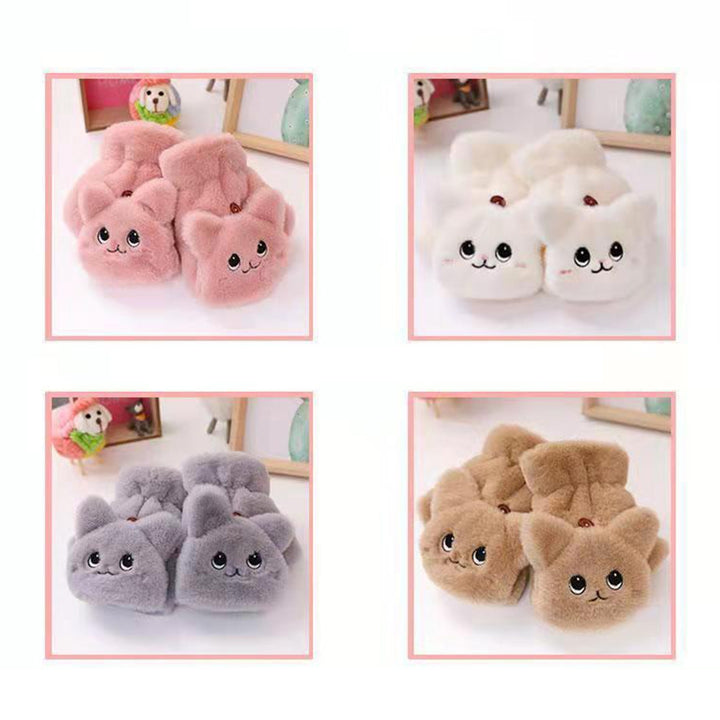 Women Winter Mittens Cartoon Animal Thick Plush Half Fingers Windproof Cold Resistant Anti-slip Cozy Finger-flip Outdoor Image 10