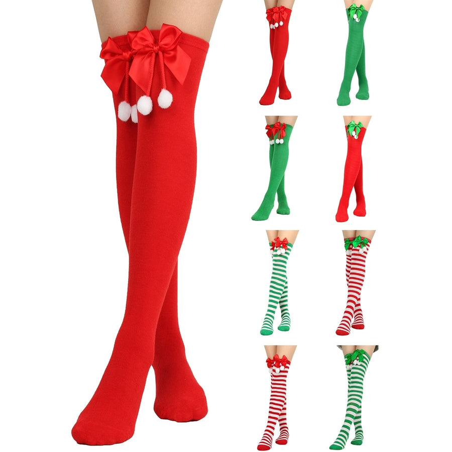 1 Pair Women Striped Print Over Knee Socks Solid Color Bowknot Decor Thigh High Stockings High Elastic Christmas Image 1