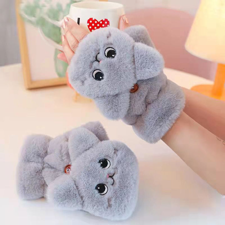 Women Winter Mittens Cartoon Animal Thick Plush Half Fingers Windproof Cold Resistant Anti-slip Cozy Finger-flip Outdoor Image 11