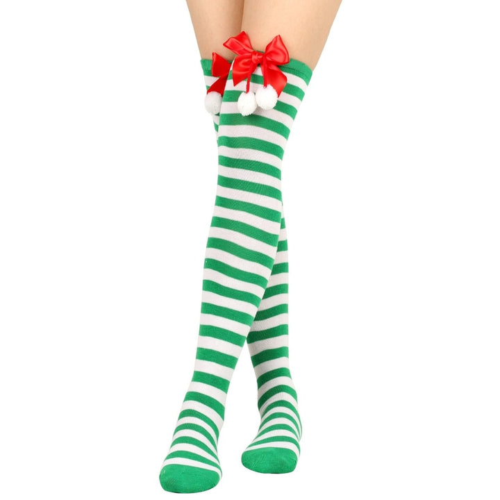 1 Pair Women Striped Print Over Knee Socks Solid Color Bowknot Decor Thigh High Stockings High Elastic Christmas Image 2