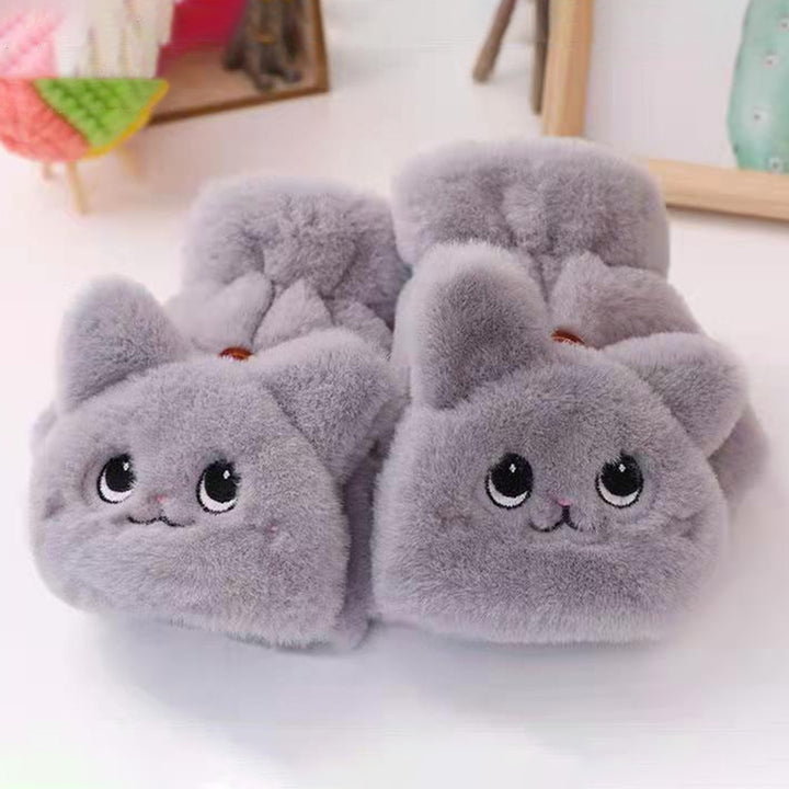 Women Winter Mittens Cartoon Animal Thick Plush Half Fingers Windproof Cold Resistant Anti-slip Cozy Finger-flip Outdoor Image 12