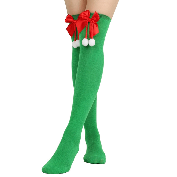1 Pair Women Striped Print Over Knee Socks Solid Color Bowknot Decor Thigh High Stockings High Elastic Christmas Image 4