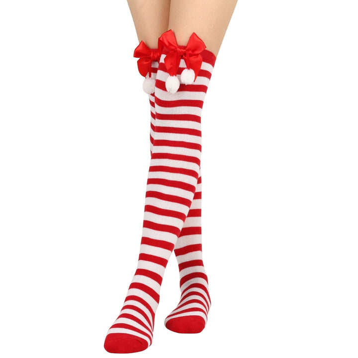 1 Pair Women Striped Print Over Knee Socks Solid Color Bowknot Decor Thigh High Stockings High Elastic Christmas Image 6