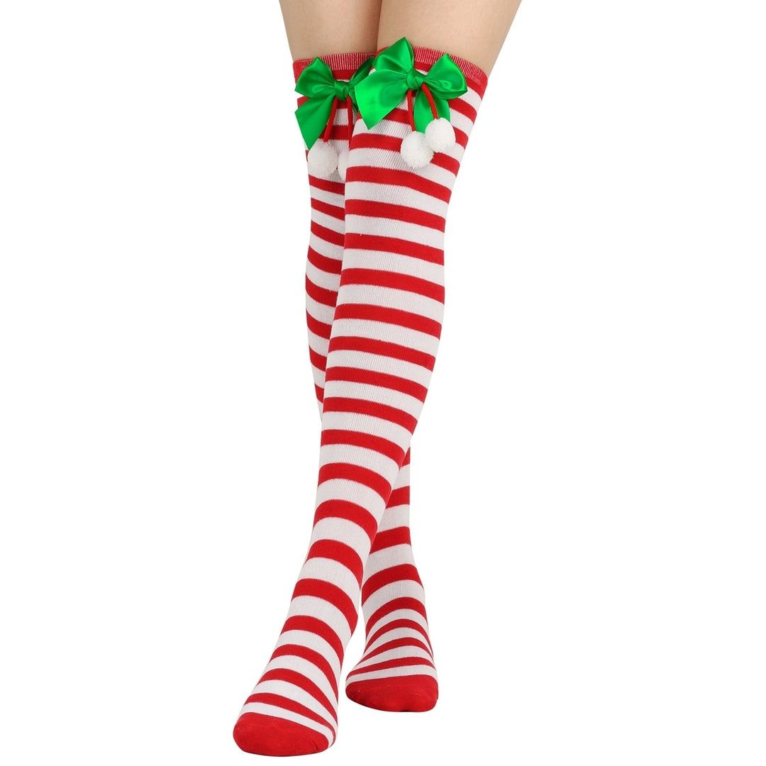 1 Pair Women Striped Print Over Knee Socks Solid Color Bowknot Decor Thigh High Stockings High Elastic Christmas Image 8