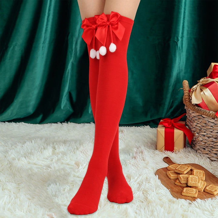 1 Pair Women Striped Print Over Knee Socks Solid Color Bowknot Decor Thigh High Stockings High Elastic Christmas Image 10