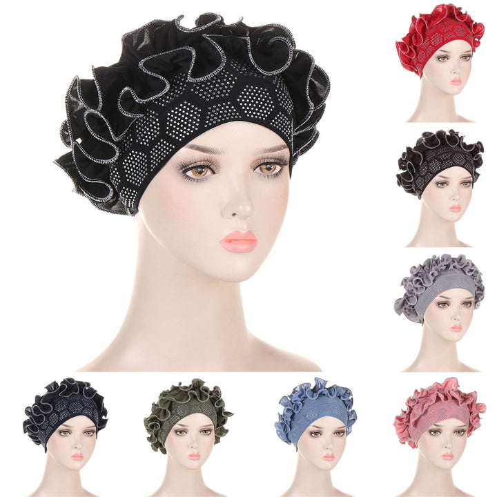 Autumn Winter Women Turban Hat Hot Drilling Decor Flower Trim Bonnet Hat Elastic Solid Color Head Scarf Hat Image 1