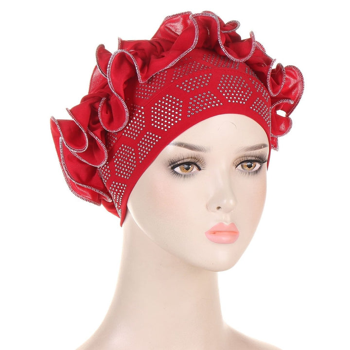 Autumn Winter Women Turban Hat Hot Drilling Decor Flower Trim Bonnet Hat Elastic Solid Color Head Scarf Hat Image 3