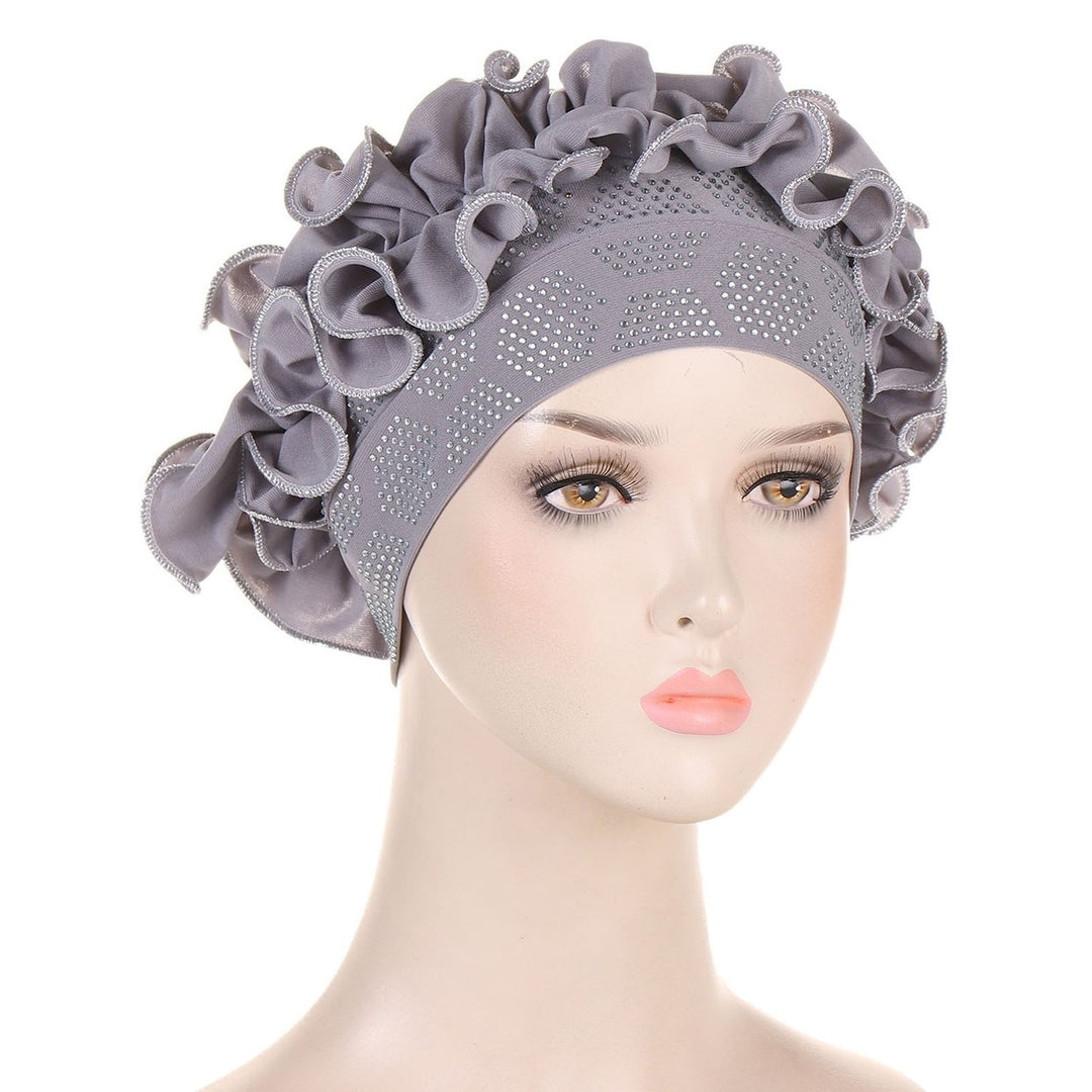 Autumn Winter Women Turban Hat Hot Drilling Decor Flower Trim Bonnet Hat Elastic Solid Color Head Scarf Hat Image 4