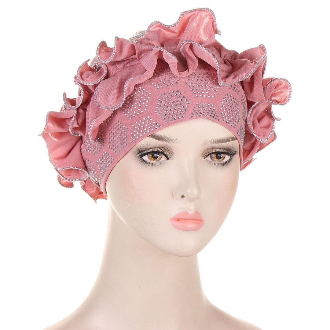 Autumn Winter Women Turban Hat Hot Drilling Decor Flower Trim Bonnet Hat Elastic Solid Color Head Scarf Hat Image 6