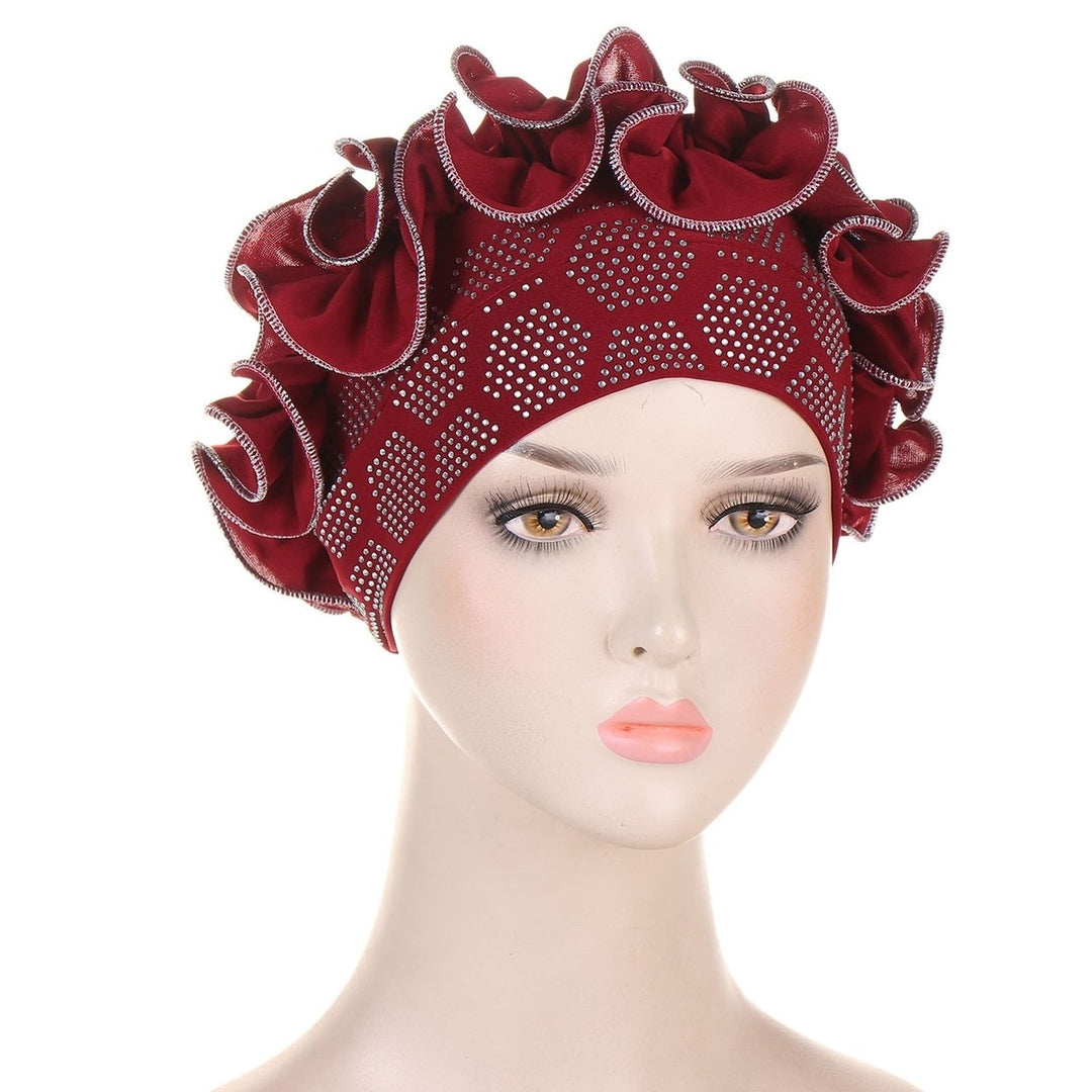 Autumn Winter Women Turban Hat Hot Drilling Decor Flower Trim Bonnet Hat Elastic Solid Color Head Scarf Hat Image 10