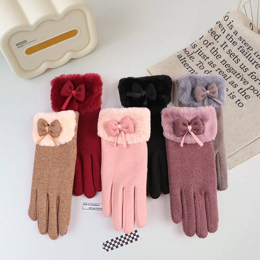 1 Pair Women Autumn Winter Solid Color Gloves Plush Cuffs Bowknot Decor Gloves Outdoor Riding Coldproof Warm Gloves Image 1