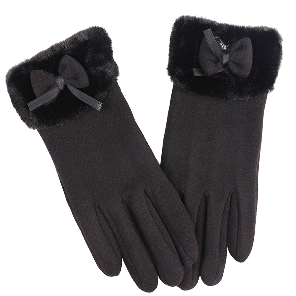1 Pair Women Autumn Winter Solid Color Gloves Plush Cuffs Bowknot Decor Gloves Outdoor Riding Coldproof Warm Gloves Image 2