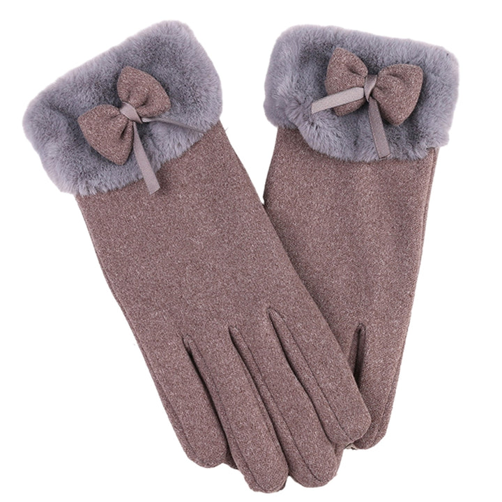 1 Pair Women Autumn Winter Solid Color Gloves Plush Cuffs Bowknot Decor Gloves Outdoor Riding Coldproof Warm Gloves Image 3